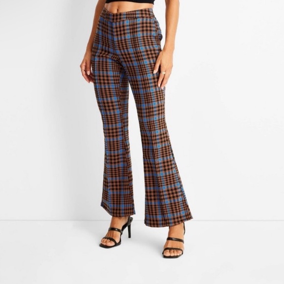 Future Collective Pants - Future Collective medium rise plaid flare trousers with back elastic in waist